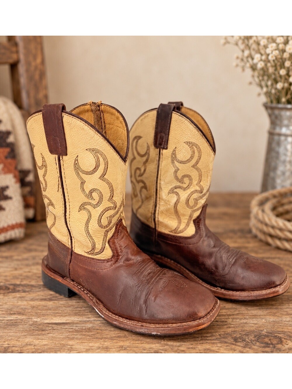 Smoky Mountain Scout 3705C Kids Cowboy Boots Brown Cream Leather Size 2.5